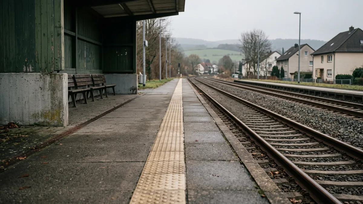 Leere Bahnsteigkante mit taktiler Markierung und Gleisschotter im Morgenlicht