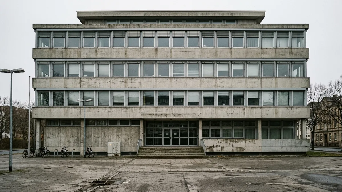 Nüchterne Fassade eines deutschen Verwaltungsgerichtsgebäudes der Nachkriegszeit