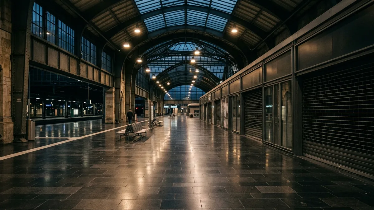 Fast leere Bahnhofshalle mit geschlossener Ladenzeile und Oberlicht am Abend