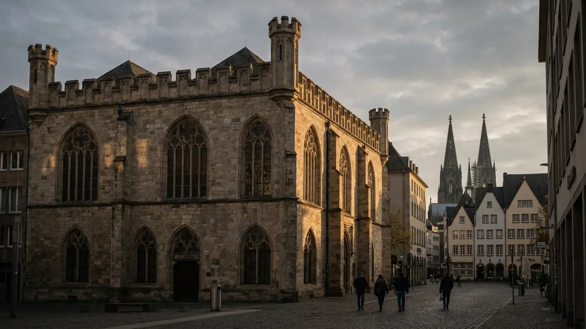 Gotisches Saalgebäude mit Zinnen und Ecktürmchen im Abendlicht, dahinter die Türme des Kölner Doms