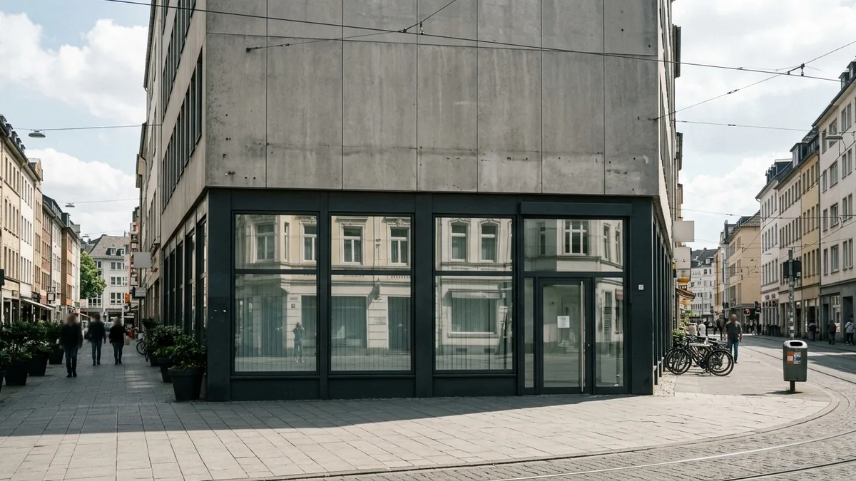 Filiale einer Bank an einer Kölner Einkaufsstraße, Straßenansicht mit spiegelnder Schaufensterscheibe