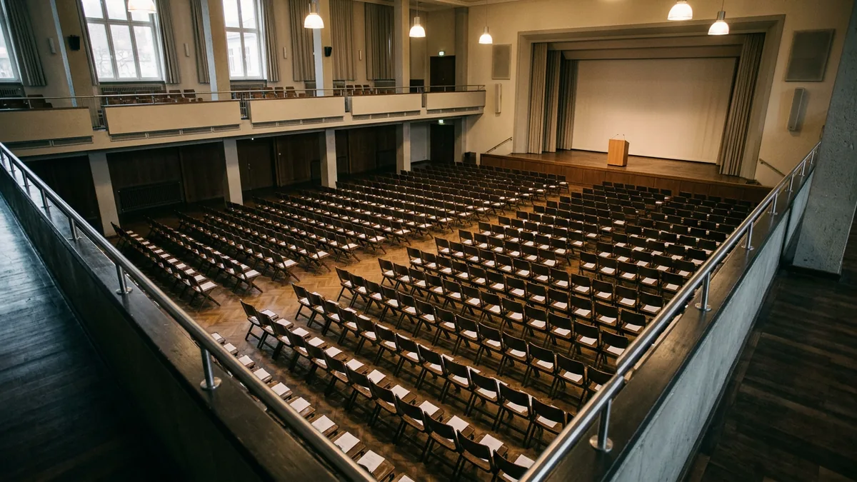 Bestuhlter Saal mit Stuhlreihen und Rednerpult, Blick von der Empore