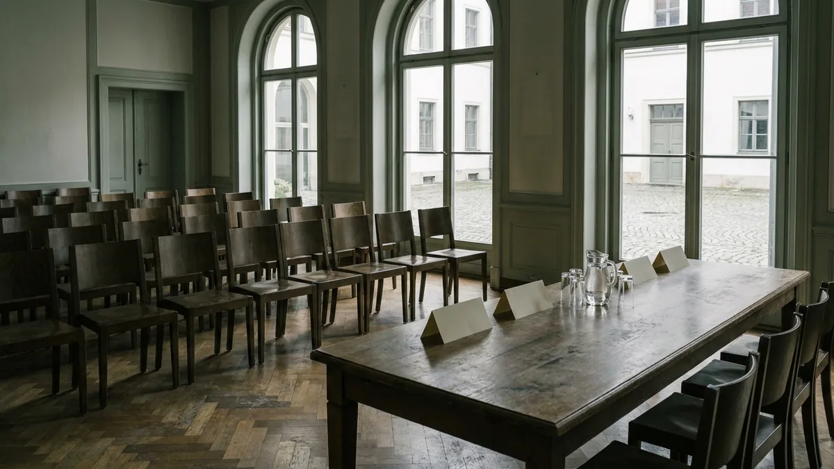 Spätgotischer Rathausturm mit offenen Bogennischen über einem Kopfsteinplatz