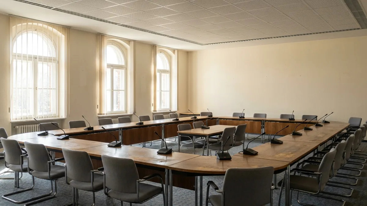 Leerer Sitzungssaal einer Stadtverwaltung mit Tischen in Hufeisenform