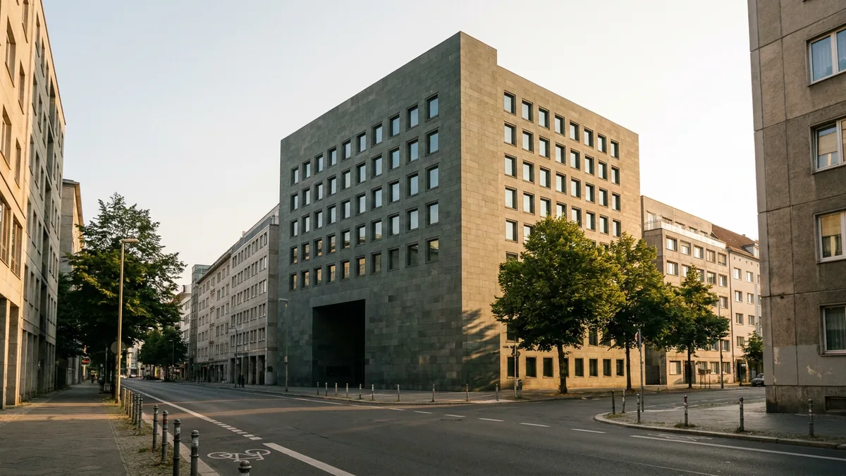 Kubischer Museumsbau mit dunkler Steinfassade und quadratischem Fensterraster