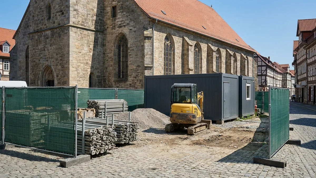 Bauzaun und Gerüstmaterial neben einem großen Steinbau in der Altstadt