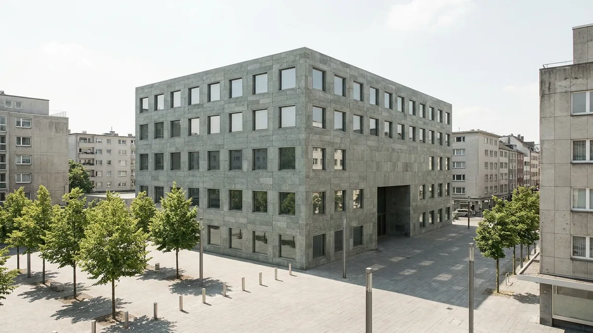Kubischer Museumsbau aus grauem Stein mit Rasterfassade in der Kölner Altstadt