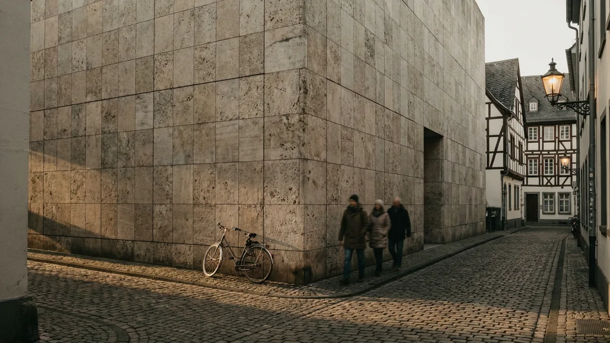 Moderner Museumsbau mit heller Natursteinfassade an einer Kopfsteinpflastergasse, davor ein Fahrrad und drei Passanten