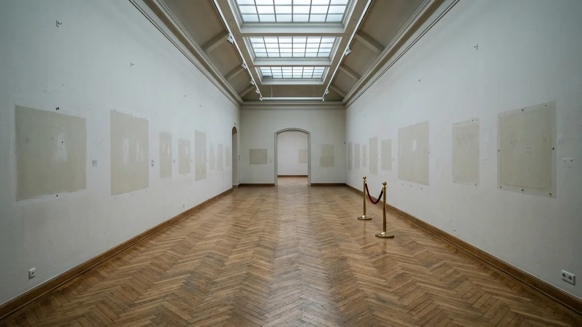 Leerer Ausstellungssaal mit hellen Rechtecken an der Wand und Parkettboden