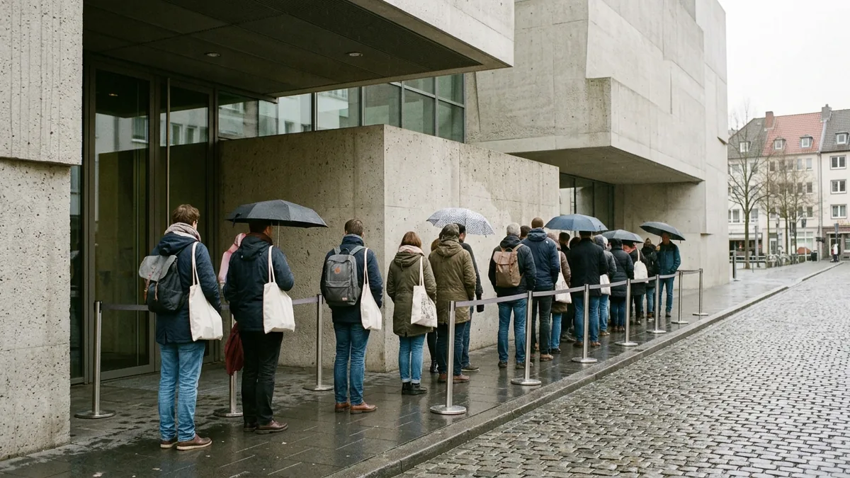 Menschen warten in einer Reihe vor einem Museumseingang in der Kölner Altstadt
