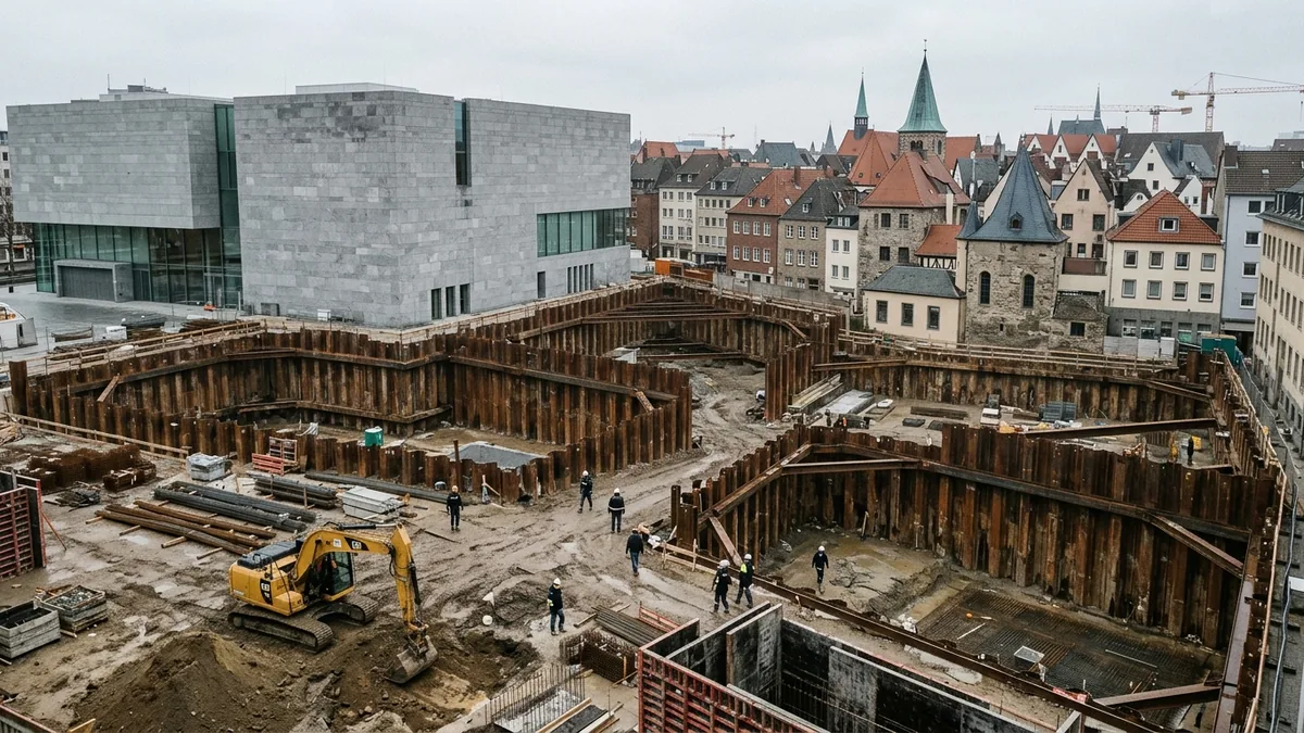 Luftaufnahme einer großen Baugrube mit Spundwänden, Bagger und Arbeitern, daneben graue Neubauten und Altstadthäuser