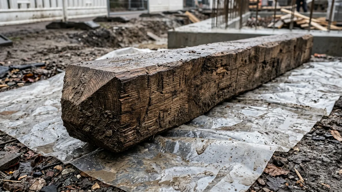 Nahaufnahme eines zugespitzten, nassen Eichenbalkens mit anhaftendem Erdreich