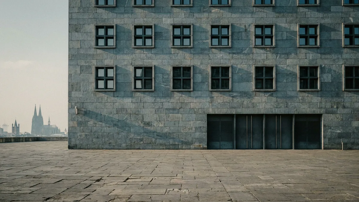 Graue Steinfassade mit quadratischen Fenstern über einem leeren Platz, links im Dunst die Silhouette des Kölner Doms