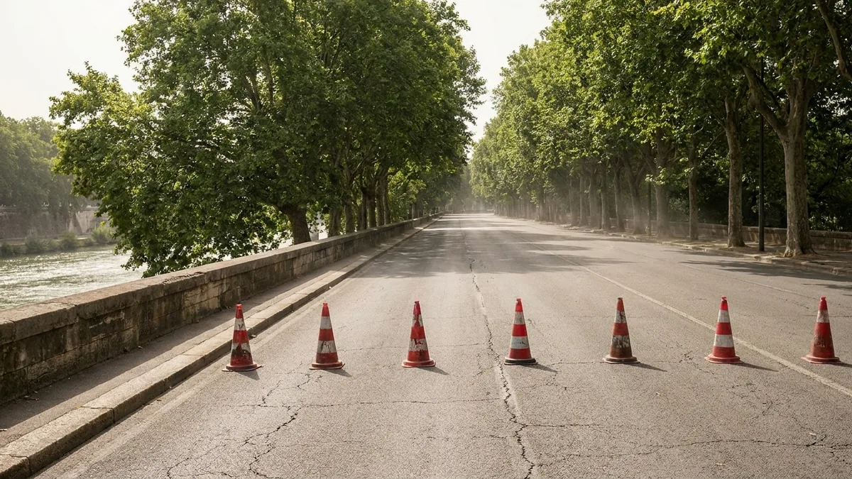 Abgesperrte Uferstraße mit rot-weißen Barken und Einsatzfahrzeugen der Feuerwehr