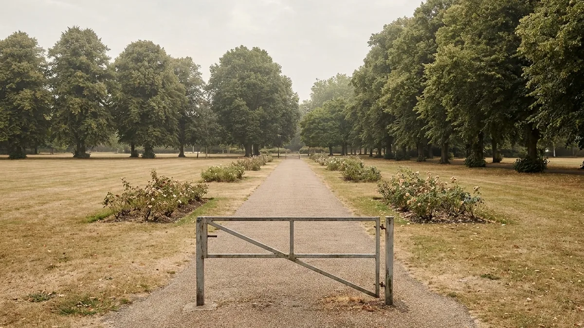 Leerer Parkweg mit Rasenflächen und Rosenbeeten hinter einer Absperrung