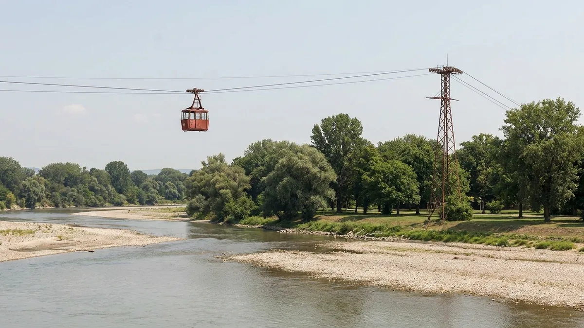 Stillstehende Seilbahnkabine über dem Rhein bei niedrigem Wasserstand