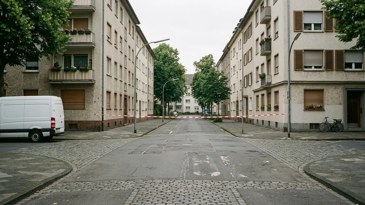 Mit Flatterband abgesperrte, menschenleere Straßenkreuzung in einem Kölner Wohnviertel am Vormittag