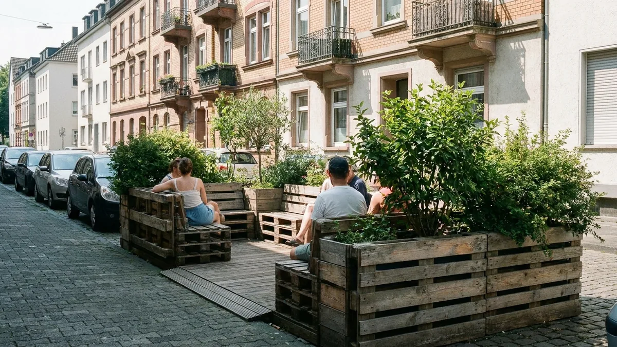 Temporäre Sitzplattform mit Bänken und Pflanzkübeln auf einem Parkstreifen in einer Kölner Wohnstraße