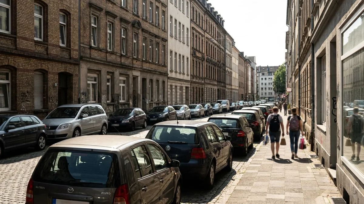 Enge Wohnstraße mit beidseitig parkenden Autos und schmalen Gehwegen in der Kölner Neustadt