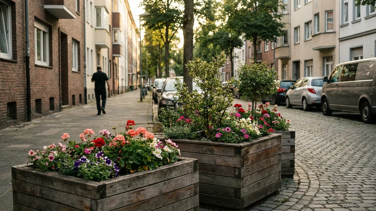 Bepflanzte Kübel am Rand eines Parkstreifens in einer Kölner Straße am Abend