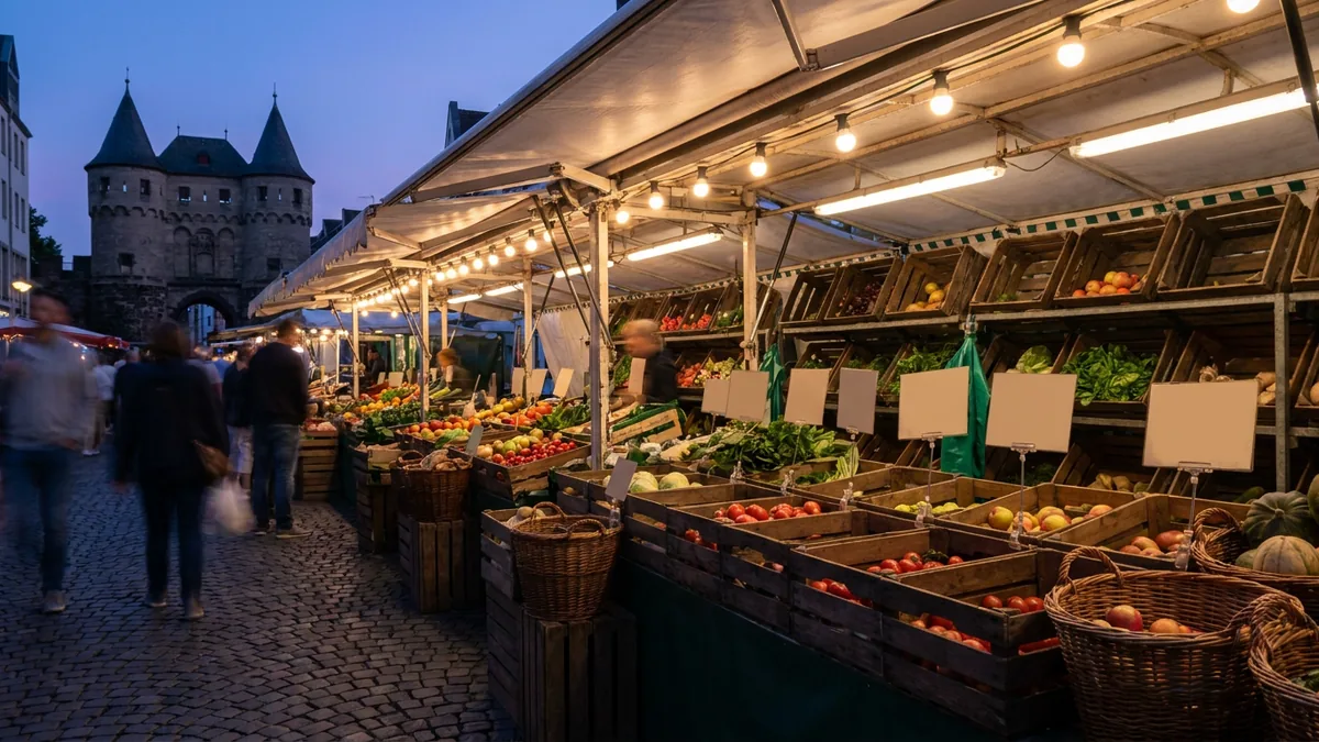 Marktstände mit Obst, Gemüse und Lichterketten in der Abenddämmerung, dahinter ein Stadttor mit zwei Rundtürmen