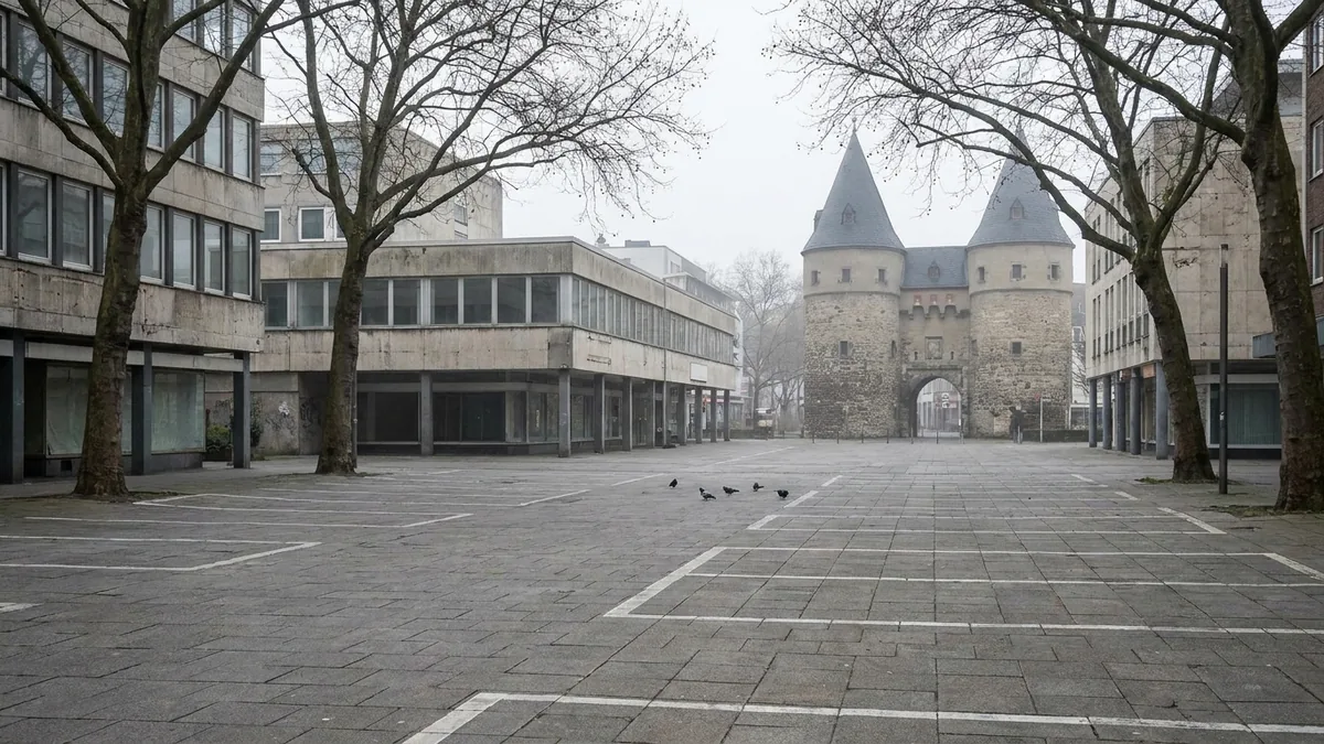 Leerer gepflasterter Platz mit weißen Bodenmarkierungen, kahlen Bäumen und Tauben, im Nebel ein Stadttor mit zwei Türmen