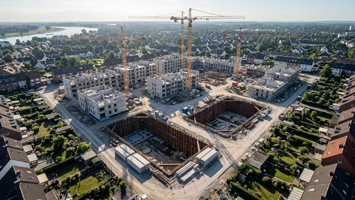 Luftbild einer Wohnungsbaustelle mit Kränen, Rohbauten und Baugruben