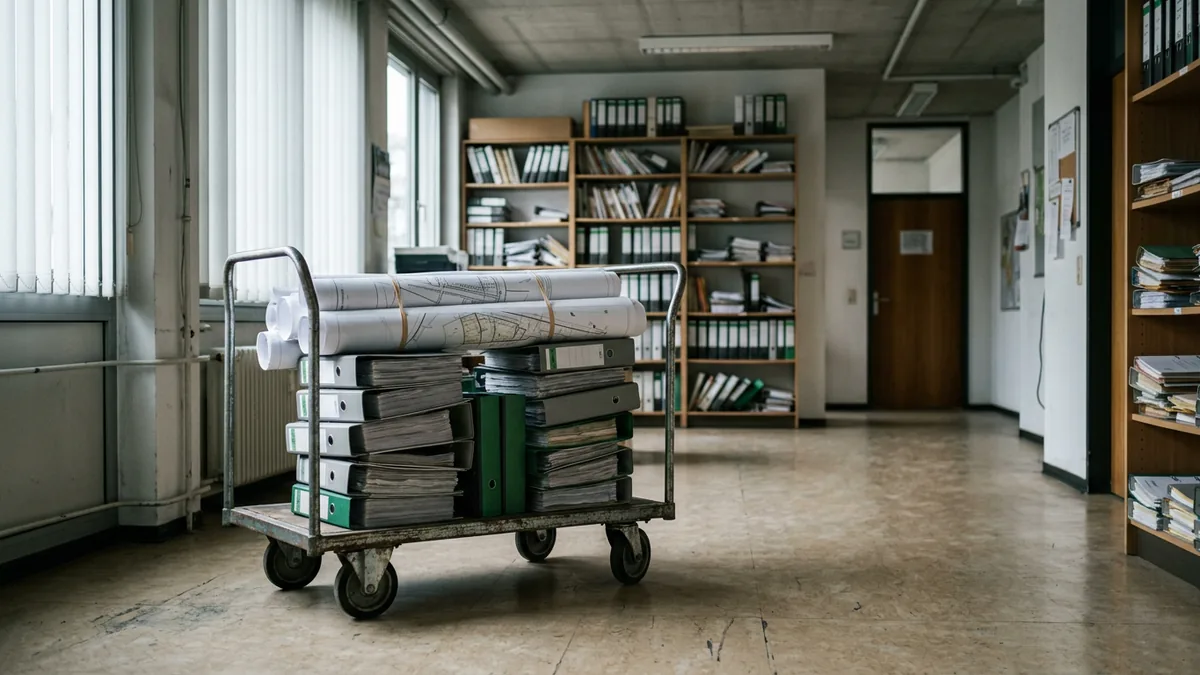 Rollwagen mit gestapelten Aktenordnern und Planrollen in einem Amtsflur