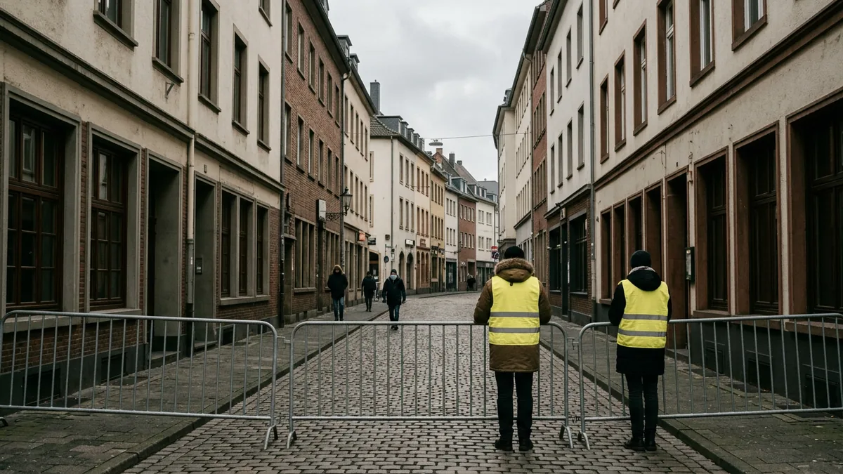 Absperrgitter quer über eine Straße mit Kneipenfassaden, dahinter Ordner in Warnwesten von hinten