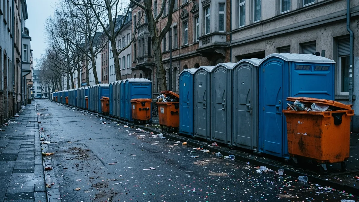 Reihe mobiler Toilettenkabinen und Müllcontainer an einer Kölner Straße am frühen Morgen