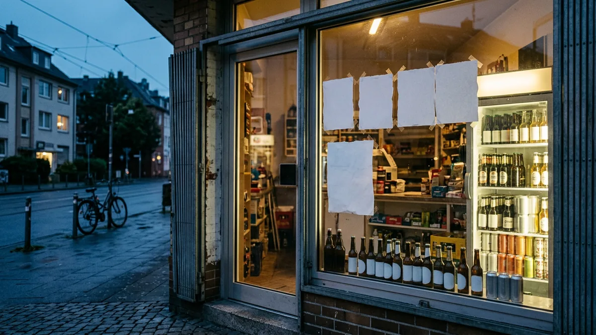 Nahaufnahme der Fensterfront eines Kiosks mit Getränkekühlschrank in Köln