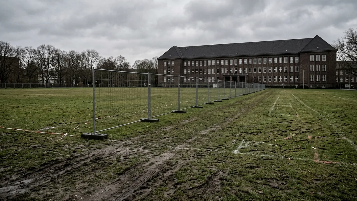 Leere Wiese mit Bauzaun und Bodenmarkierungen vor Universitätsgebäuden in Köln
