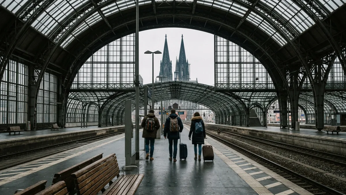 Bahnsteig im Kölner Hauptbahnhof unter der Stahlhalle, dahinter die Türme des Doms.