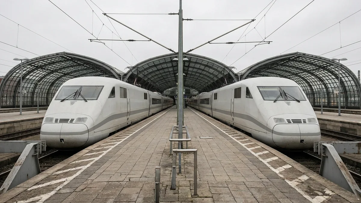 Zwei weiße Hochgeschwindigkeitszüge stehen nebeneinander an einem Bahnsteig unter einer Bahnhofshalle aus Glas und Stahl