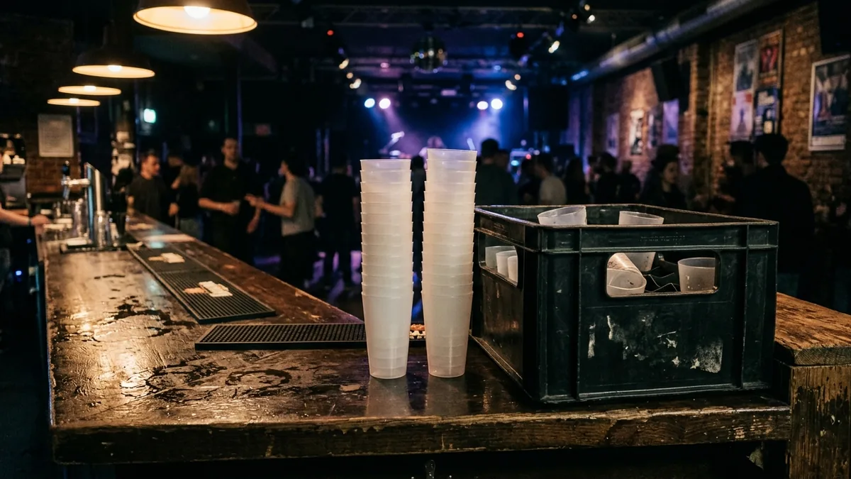 Gestapelte Mehrwegbecher und Rückgabekiste an einer Clubtheke bei Nachtlicht