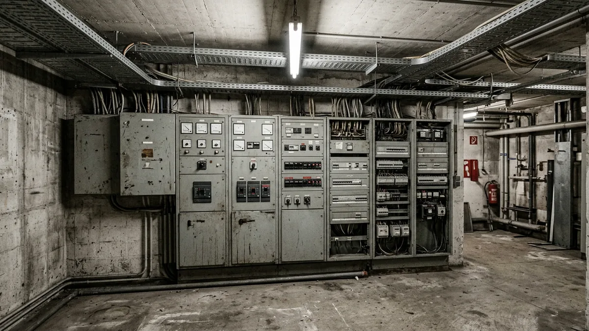 Technikraum mit Stromzählern, Sicherungen und Kabeltrassen in einem Veranstaltungshaus