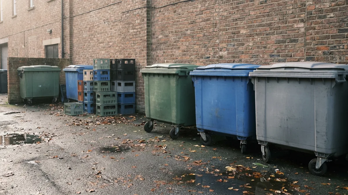 Grüne, blaue und graue Müllcontainer und gestapelte Getränkekisten an einer Backsteinmauer, Laub auf dem nassen Asphalt
