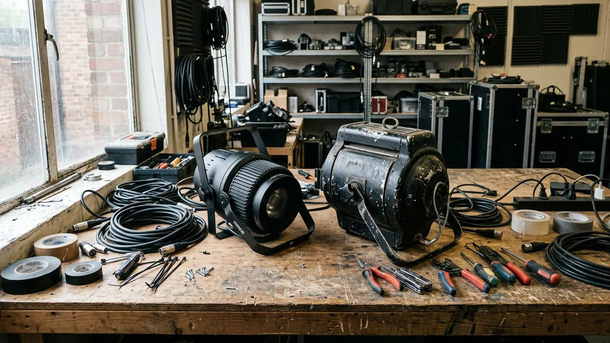 LED-Scheinwerfer und alter Halogenstrahler nebeneinander auf einer Werkbank