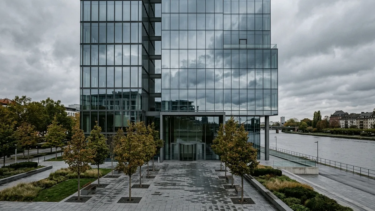 Gläsernes Bürogebäude an einer Uferpromenade mit jungen Bäumen unter bedecktem Himmel