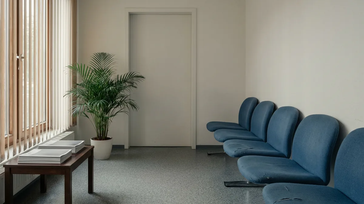Leeres Wartezimmer mit blauen Polsterstühlen an der Wand, einer Zimmerpalme und einem Tisch mit Zeitschriften