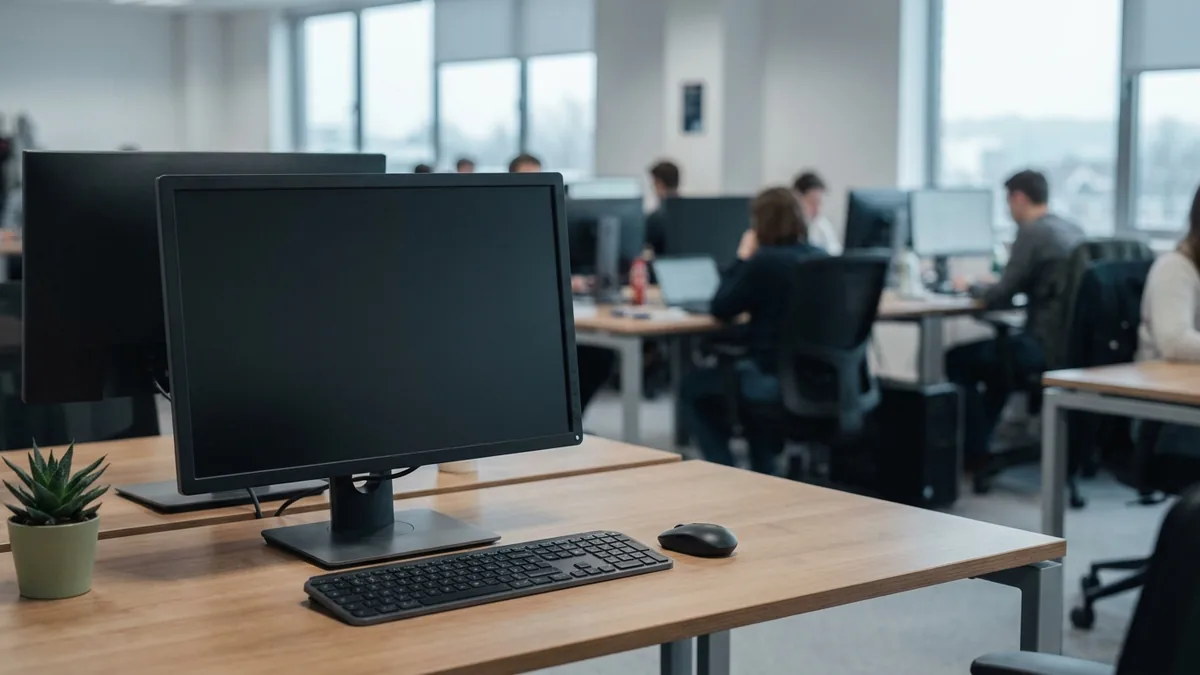 Unbesetzter Schreibtisch mit Monitor und Tastatur in einem Großraumbüro, im Hintergrund arbeiten mehrere Menschen